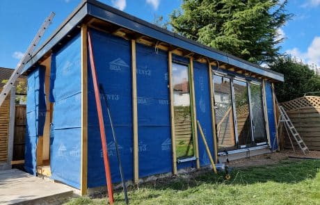 Garden room construction in Southend-on-Sea showing timber frame and breathable membrane
