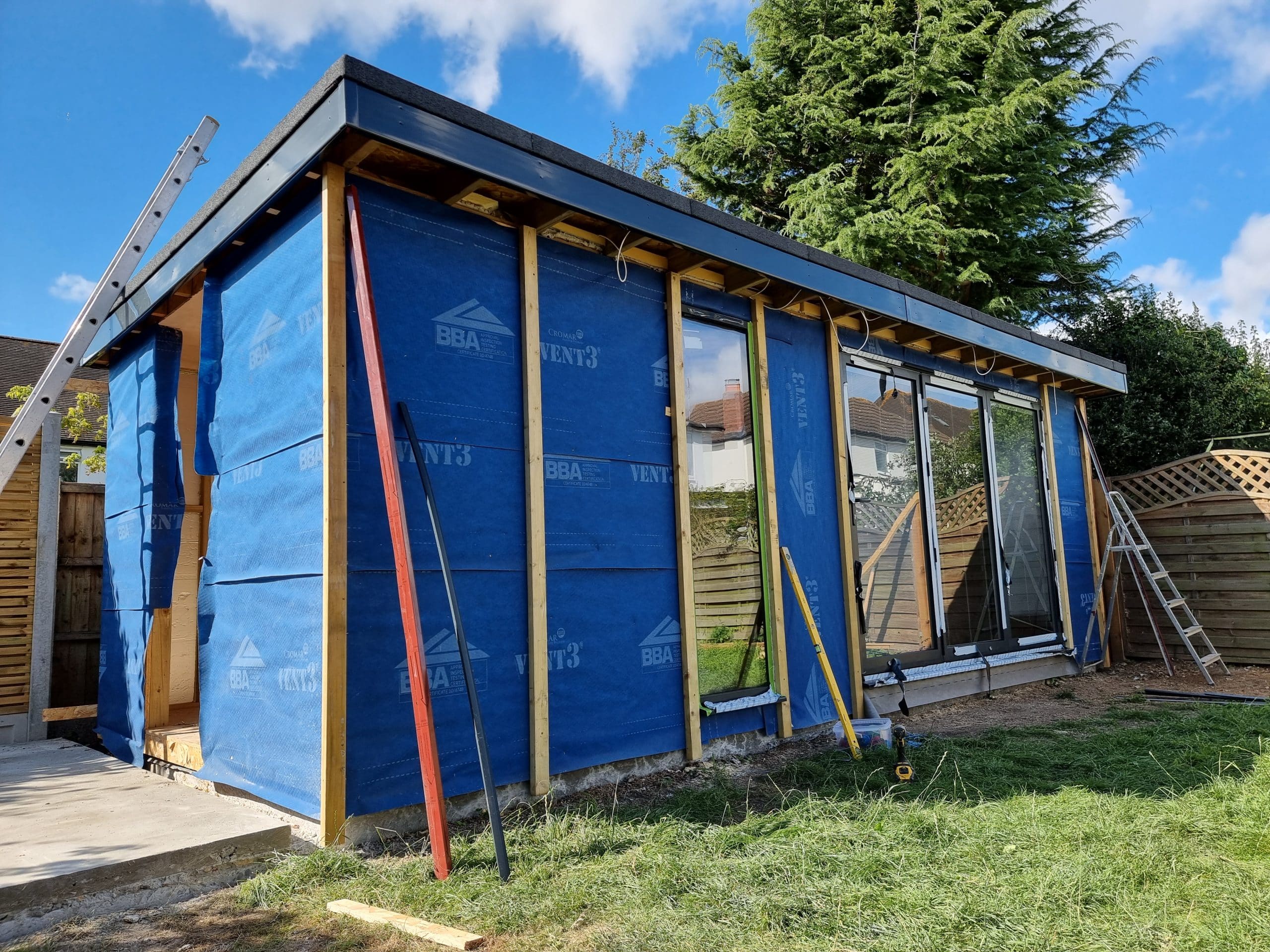 Garden room construction in Southend-on-Sea showing timber frame and breathable membrane