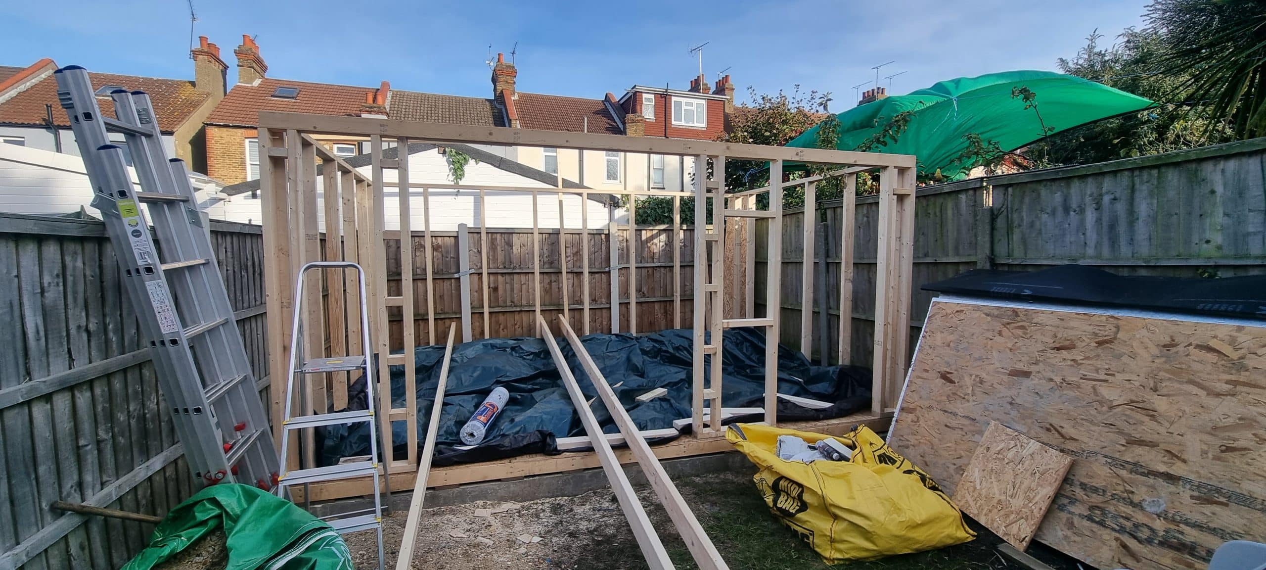 Garden room build progress in Southend showing frame construction and base works