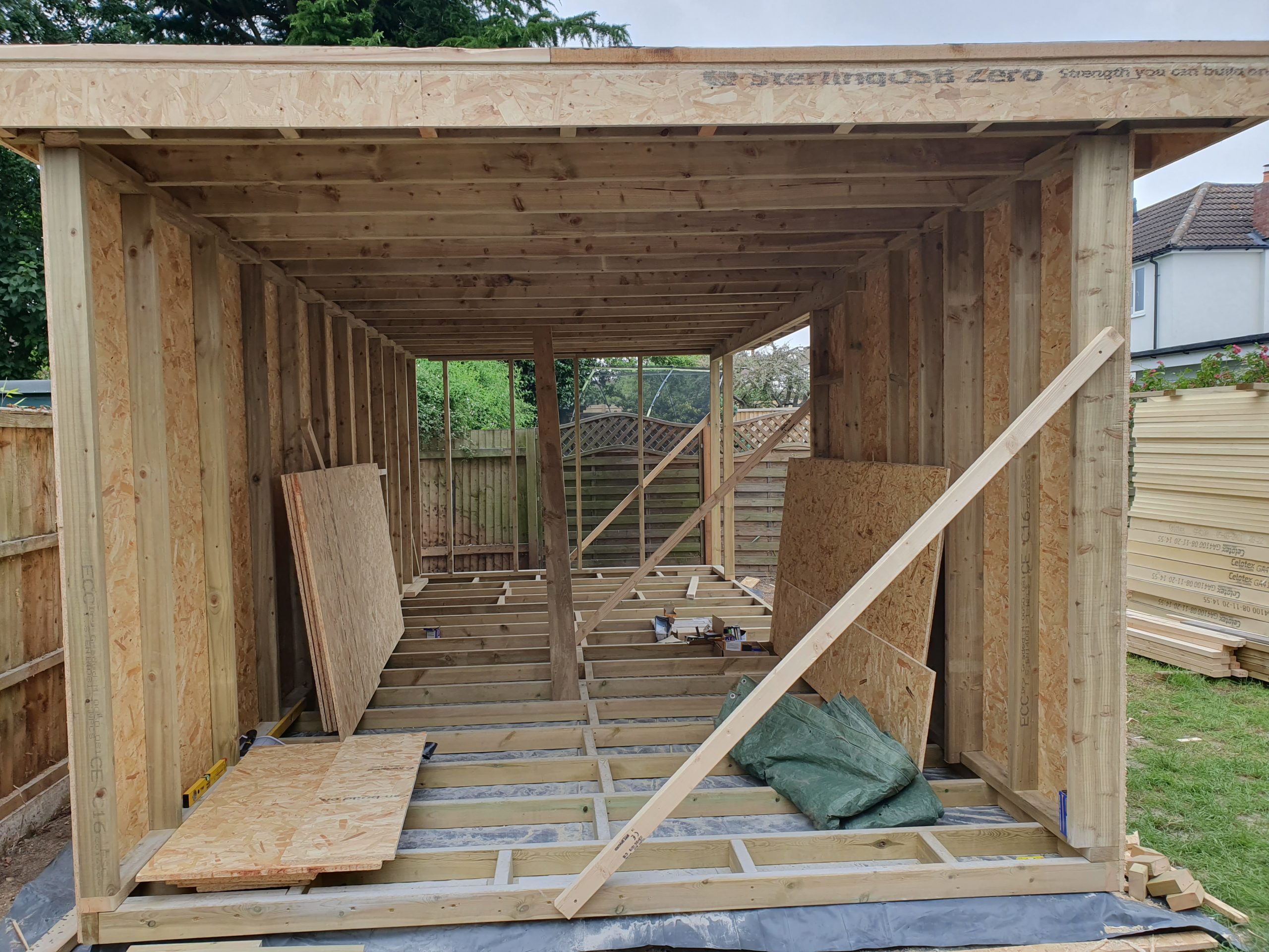 Internal timber structure of a garden room in Southend-on-Sea before final lining