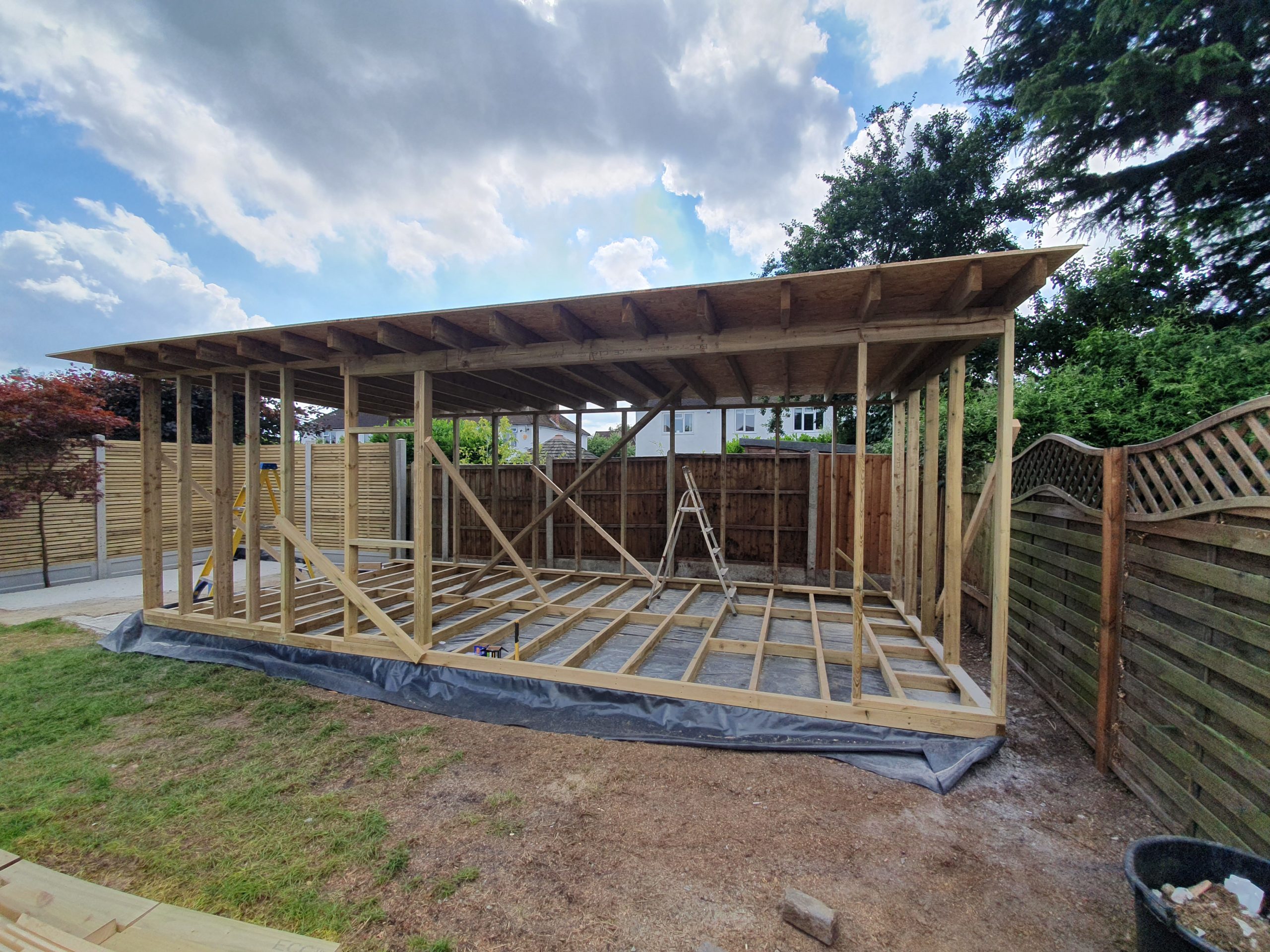 Large garden room structure build in Southend-on-Sea during framing stage